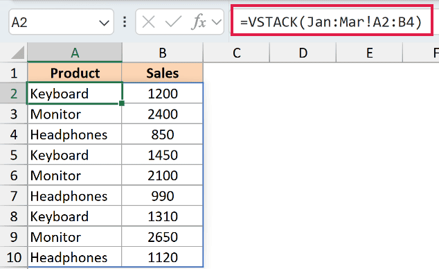 =VSTACK(Jan:Mar!A2:B4) entered in A2 stacks the product and sales rows from all three sheets into one nine-row list under the headers.