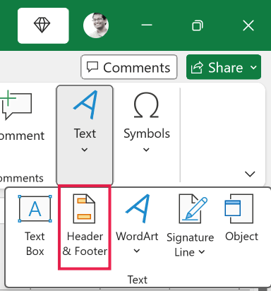 Excel ribbon showing the Text dropdown menu with the Header & Footer option highlighted by a red border