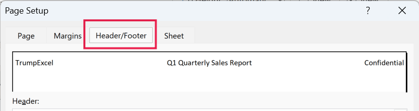 Page Setup dialog box with the Header/Footer tab highlighted by a red box