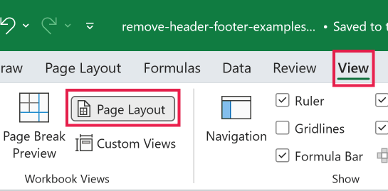 Excel ribbon showing the View tab selected with a red box highlighting the Page Layout button in the Workbook Views group