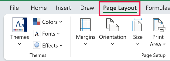 Excel ribbon with the Page Layout tab highlighted in a red box, showing Themes and Page Setup groups