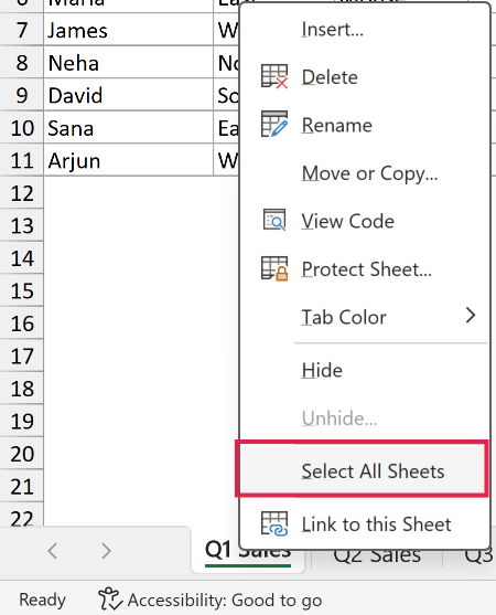 Excel context menu with the Select All Sheets option highlighted by a red box