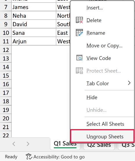 Excel context menu showing a red-bordered Ungroup Sheets option to be clicked
