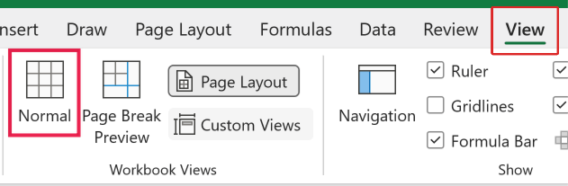 Excel View tab ribbon with the Normal button highlighted by a red box in the Workbook Views group