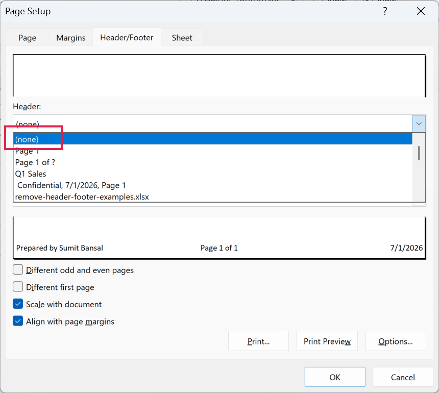 Page Setup dialog box with the Header/Footer tab open and (none) selected in the Header drop-down menu