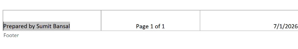Excel footer section with the text Prepared by Sumit Bansal highlighted for deletion
