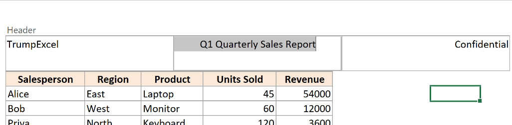 Excel header section with the Q1 Quarterly Sales Report text highlighted for selection and deletion