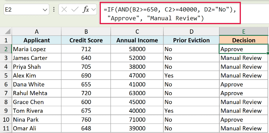 Excel formula bar showing an IF function with an AND condition to determine loan approval based on three criteria