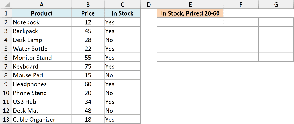 Excel table showing product data with columns for price and stock status alongside an empty result header for AND logic