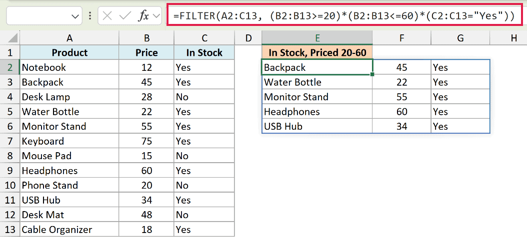 Excel formula bar showing a FILTER function with AND logic to return items in stock priced between 20 and 60