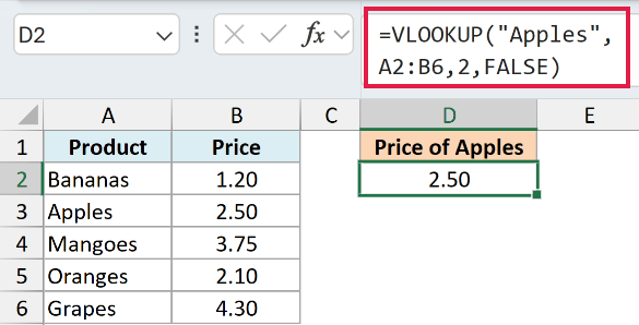 VLOOKUP with FALSE as the fourth argument returning the correct price of 2.50 for Apples