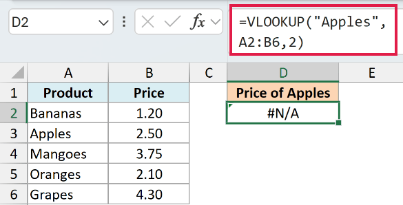 VLOOKUP with the fourth argument left out returning a #N/A error for Apples