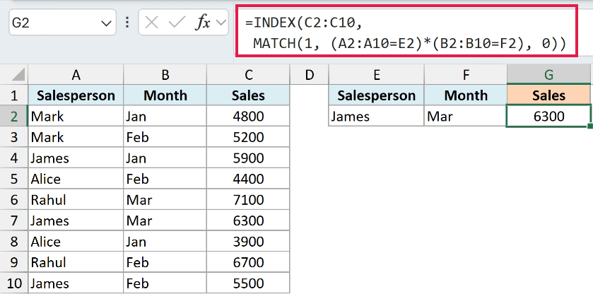 INDEX MATCH array formula with two criteria entered in the result cell, returning the sales value where both the salesperson and the month match