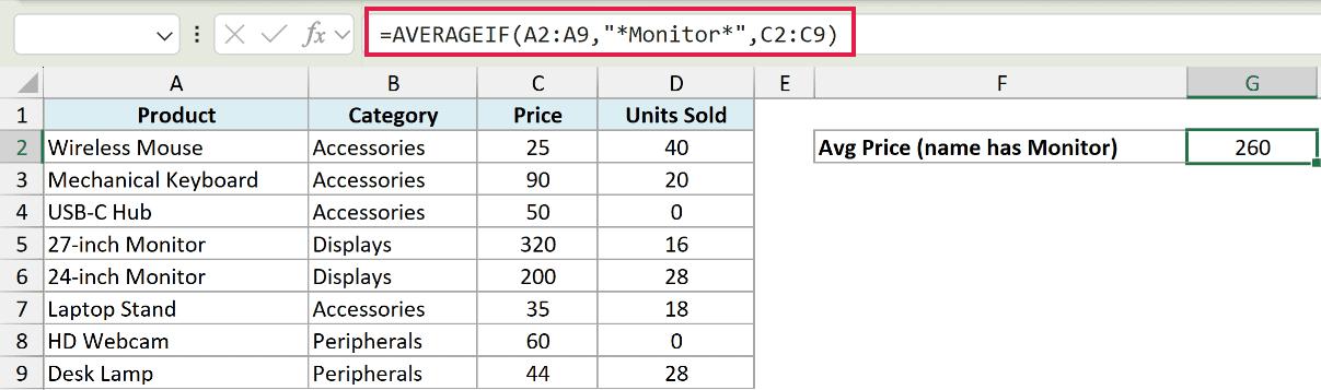 Excel formula bar showing AVERAGEIF with wildcard criteria to average prices of products containing the word Monitor