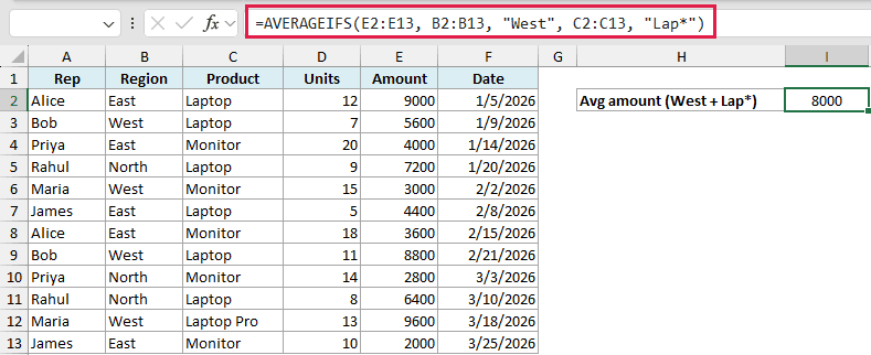 Excel formula bar showing AVERAGEIFS with a wildcard to average amounts for West region and products starting with Lap