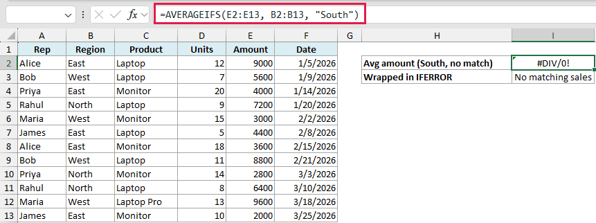 Excel formula bar showing AVERAGEIFS resulting in a #DIV/0! error for no matching criteria, fixed with IFERROR