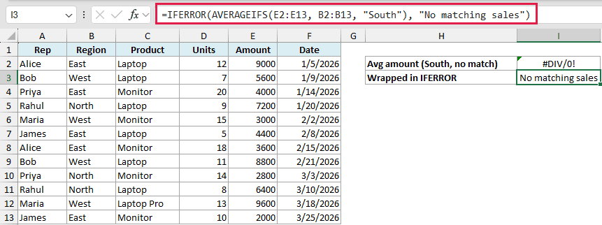 Excel formula bar showing IFERROR wrapping an AVERAGEIFS function to replace a #DIV/0! error with custom text