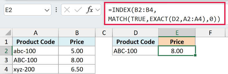 INDEX MATCH EXACT returning 8.00, the price of the exact case sensitive match