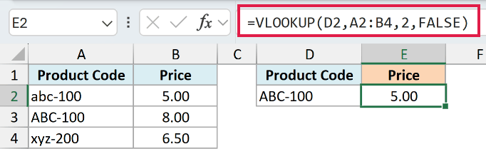 VLOOKUP returning 5.00, the price of the lowercase product code, because it ignores upper and lower case