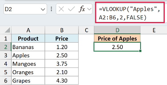 VLOOKUP with the correct column index number of 2 returning the price