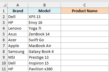 Excel dataset with Brand in column A and Model in column B, ready for concatenation in column C