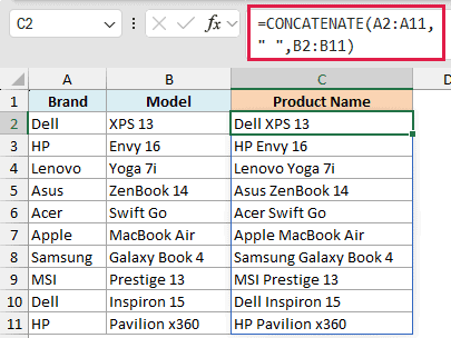Excel formula =CONCATENATE(A2:A11, " ", B2:B11) spilling brand and model names into column C with a space delimiter