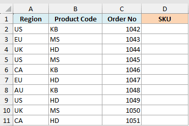 Excel dataset with Region, Product Code, and Order No columns, with an empty SKU column ready for concatenation