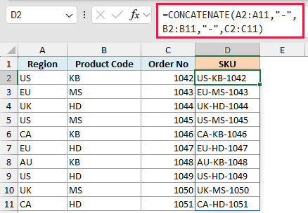 Excel formula bar showing CONCATENATE function to join region, product code, and order number into a SKU column