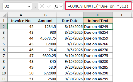 Excel formula bar showing CONCATENATE joining text with a date cell, resulting in a serial number in column D