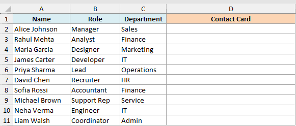 Excel dataset with columns for Name, Role, and Department, and an empty Contact Card column for concatenation tasks