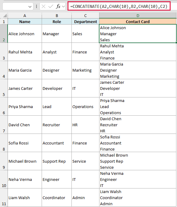 Excel formula bar showing CONCATENATE with CHAR(10) to create line breaks in a contact card column