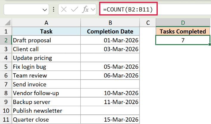 Excel formula bar showing =COUNT(B2:B11) used to count numeric completion dates in a task list, resulting in 7