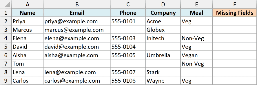 Excel dataset of guest information with columns for Name, Email, Phone, Company, Meal, and an empty Missing Fields column