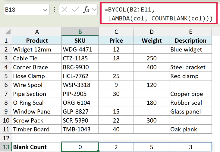 Excel formula using BYCOL and COUNTBLANK to count empty cells in columns B through E of a product data table