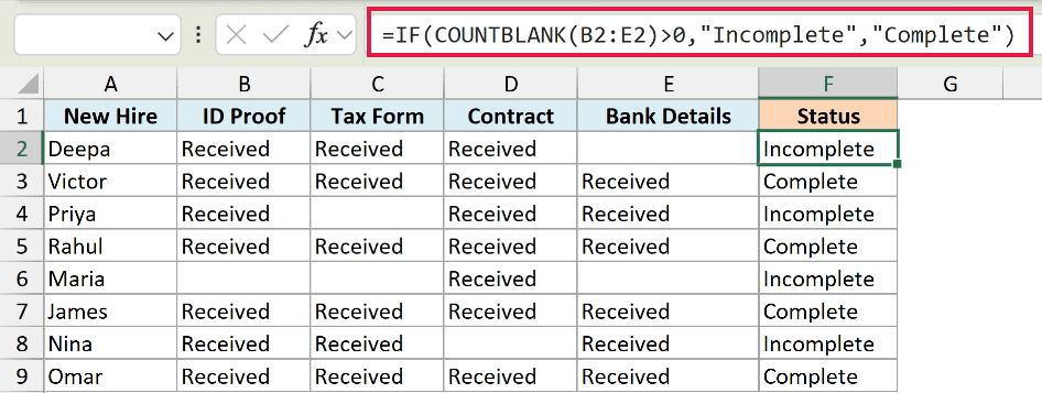 Excel formula bar showing IF and COUNTBLANK to flag rows as Complete or Incomplete based on empty cells in a range