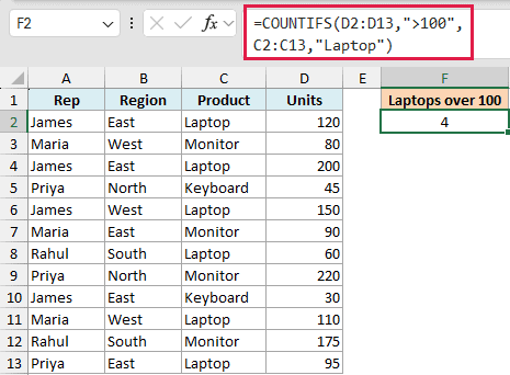 Excel COUNTIFS formula using greater than operator to count Laptops with over 100 units sold