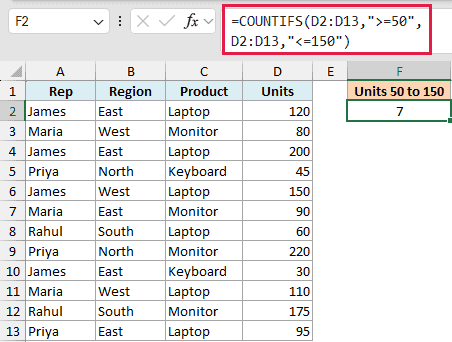 Excel formula bar showing COUNTIFS function to count values between 50 and 150 in the Units column