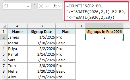 Excel COUNTIFS formula counting dates in February 2026 within a signup list, returning a result of 3