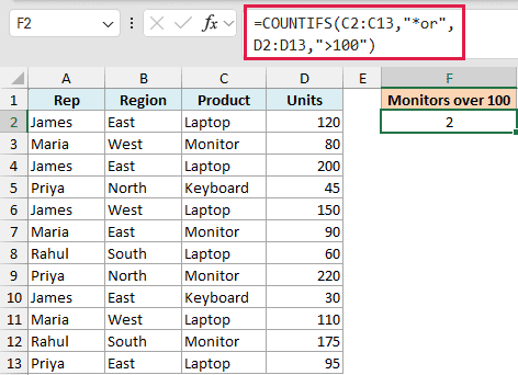 Excel formula bar showing a COUNTIFS function with a wildcard asterisk to count products ending in or over 100 units