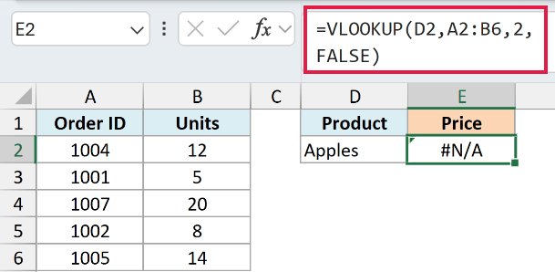 VLOOKUP without the sheet name searching the current sheet, which holds an order list, and returning #N/A