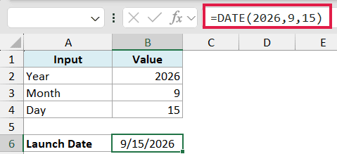 Excel formula bar showing =DATE(2026,9,15) with corresponding year, month, and day inputs in cells B2:B4 and result 9/15/2026