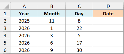 Excel table with columns for Year, Month, and Day containing numeric data to be used for the DATE function
