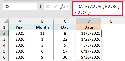 Excel formula =DATE(A2:A6,B2:B6,C2:C6) spilling date results into cells D2 through D6 based on year, month, and day columns