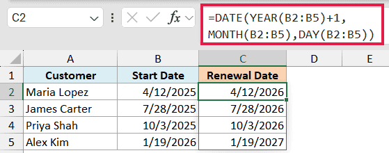 Excel formula =DATE(YEAR(B2:B5)+1,MONTH(B2:B5),DAY(B2:B5)) spilling renewal dates one year into the future