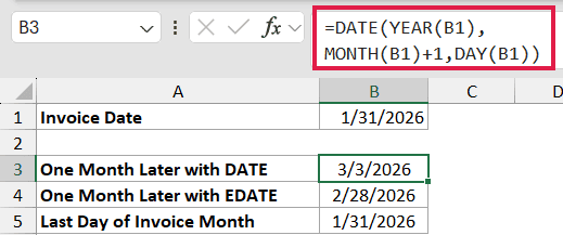 Excel formula =DATE(YEAR(B1), MONTH(B1)+1, DAY(B1)) highlighted in the formula bar to calculate a date one month later