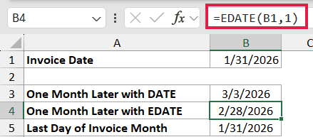 Excel formula bar showing =EDATE(B1,1) to calculate one month after January 31, 2026, resulting in February 28, 2026