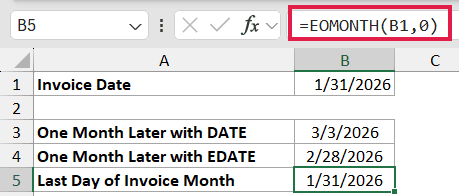 Excel formula bar showing =EOMONTH(B1,0) to calculate the last day of the month for the date in cell B1