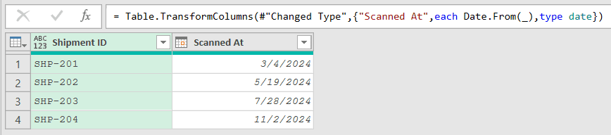 The Scanned At column converted to dates: 3/4/2024, 5/19/2024, 7/28/2024, 11/2/2024