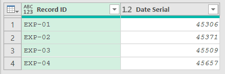 Exports table with a Record ID and a Date Serial number column