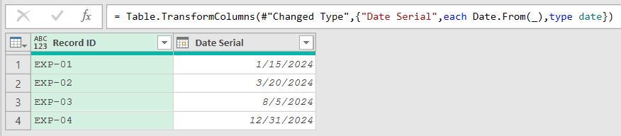The Date Serial column converted to dates: 1/15/2024, 3/20/2024, 8/5/2024, 12/31/2024